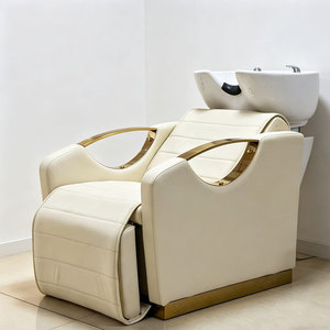 Modern Reclining Shampoo <b>Bed</b> with Gold Trim & Footrest PU Leather Hair Washing Station for Beauty Salon - Product Image 6