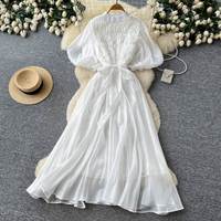 Robe d'été pour femmes à manches bouffantes, style Europe et Amérique, avec appliques, ceinture et volants, idéale pour les vacances et les soirées à la plage