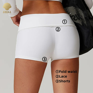 CNSHELL 230gsm Yoga in Nylon con cuciture a costine anteriori in <span class=keywords><strong>pizzo</strong></span> a piega alta vita Mini abito bianco piccolo <span class=keywords><strong>pantaloncini</strong></span> da donna - Product Image 3