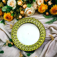 Plaque de présentation ronde personnalisée de 13 pouces en vert/or/bleu plat PP en plastique durable pour les mariages/fêtes prix bon marché