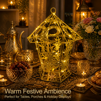 Décoration de Ramadan, lanterne rectangulaire en fer dorée scintillante, filigrane de lune, toit arabesque, feuillage pour la décoration de la maison pour l'Aïd Moubarak