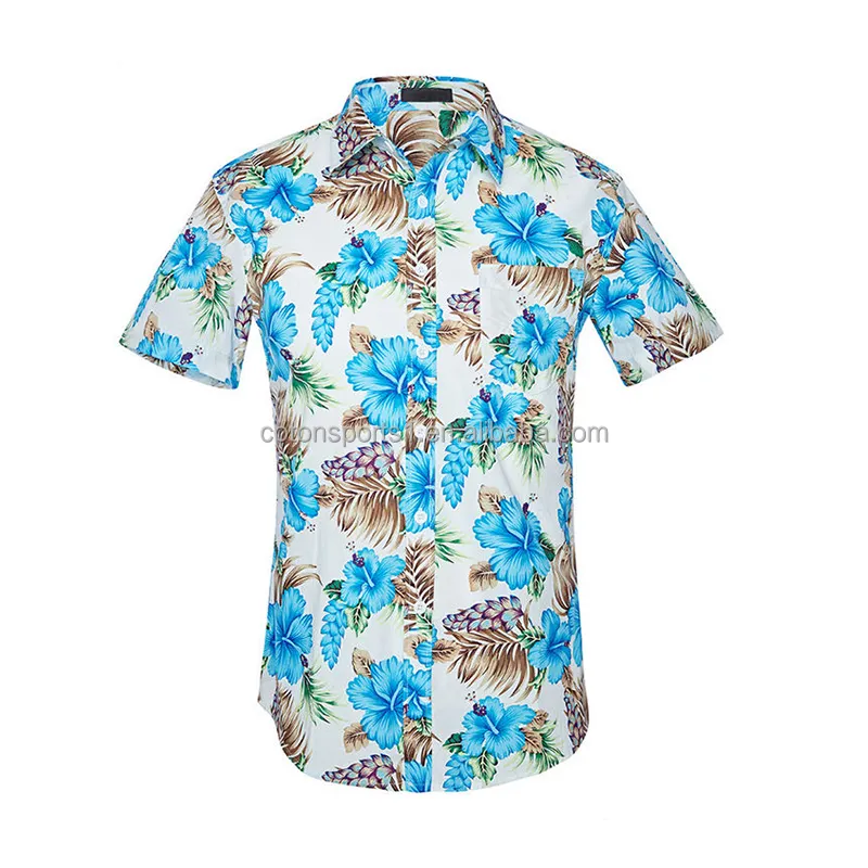 Camisa hawaiana informal de poliéster para hombre, camisa de manga corta estampada, a la moda, para playa, de verano, venta al por mayor, nueva