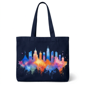 Sac fourre-tout en toile bleu marine à imprimé aquarelle de paysage urbain, grande capacité, avec longues poignées, idéal pour le shopping et l'usage quotidien – Nouvelle collection très prisée - Product Image 1