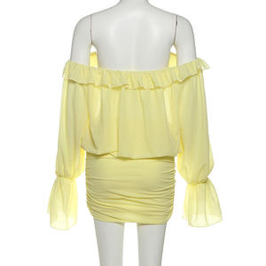 GX25722 moda donna Street Wear moda unico Off spalle manica lunga <span class=keywords><strong>giallo</strong></span> vedo attraverso abiti eleganti Mini abito Sexy - Product Image 5