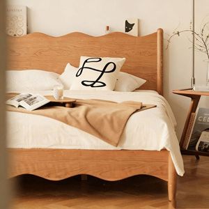 Nordic Cherry Wood Wave Pattern Solid Wood <b>Bed</b> 1.8m Platform <b>Double</b> <b>Bed</b> Bedroom Furniture - Product Image 1