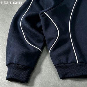 Sweat-shirt streetwear OEM/ODM à capuche zippée rayée, épais, avec passepoil contrastant, double couche, coupe ample, vente en gros - Product Image 5