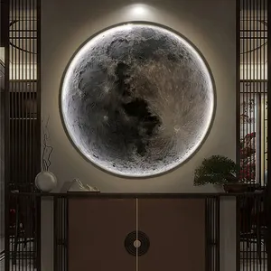 3D Three-dimensional Relief Moon Wall Lamp Living Room Porch Wall Hanging Circular Moon Decorative Light Interior Wall Art