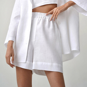 OEM <span class=keywords><strong>donna</strong></span> 2 pezzi abiti Casual cotone gamba larga pantaloncini Set manica lunga sciolto Top <span class=keywords><strong>donna</strong></span> estate bianco pantaloncini di <span class=keywords><strong>lino</strong></span> abiti - Product Image 5