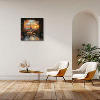 Impression sur toile 40x40cm, décor mural intérieur, paysage de coucher de soleil parisien moderne, balcon confortable avec vue sur la Tour Eiffel, étreinte florale