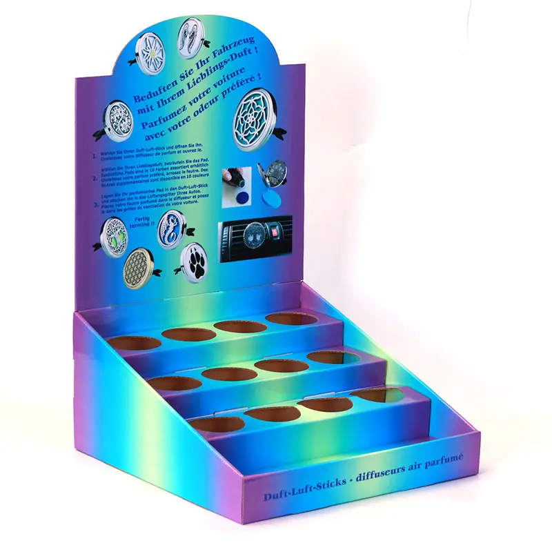 Einzelhandel PDQ Theke Schauständer wiederverwertbarer Karton Papier Tisch Pop Theke-Spitzen-Vorführregal für Auto-Parfüm Auto-Parfümbox
