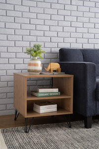 Mesa Auxiliar SAMOS Moderna de Estilo Industrial Minimalista con Tapa de Color Roble y Base de Metal Negro para Espacios Pequeños, Sala de Estar o Mesa de Noche - Product Image 5