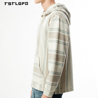 Hoodie Oversize Pria Motif Garis Aplikasi Bordir Baja, Bahan Tekstur, Kerah Kancing, 100% Katun Organik