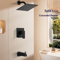Système de douche mural encastré noir mat avec pommeau de douche pluie, mitigeur et bec de baignoire pour projets haut de gamme