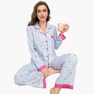 Pijamas de Algodón con Estampado de Corazones para el Día de San Valentín, Manga Larga, Suaves y Cómodos, Ropa de Dormir a Rayas, Pijamas de Bambú para Mujer - Product Image 2