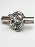 Vanne sphérique sanitaire à 4 voies avec jauge de niveau en verre borosilicaté et acier inoxydable SS316L pour les applications alimentaires, pharmaceutiques et laitieres
