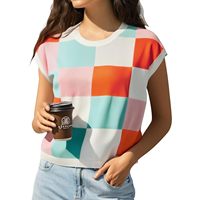 Pulls courts décontractés d'été pour femmes, col rond, tricotés avec manches courtes et design color block