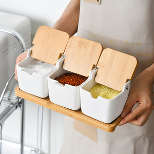 Square Ceramic <b>Spice</b> <b>Jars</b> With Wooden Lids Airtight Minimalist Nordic Style Set For Home Use - Product Image 2