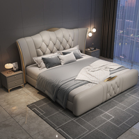 Lit King-Size en Bois Massif au Design Européen Moderne et Luxueux avec Tête de Lit Rembourrée et Douce pour Chambre à Coucher