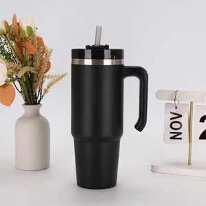 Gobelet de voyage isotherme en acier inoxydable recyclable de 20 oz et 30 oz avec poignée et paille, tasse écologique pour voiture - Product Image 2