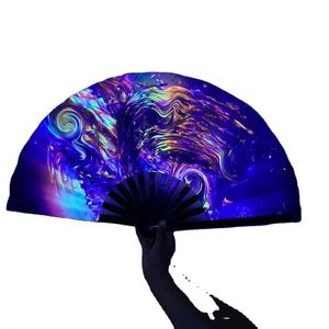 Abanicos Plegables de Tela con Varillas de Bambú Negro con Acabado UV, Abanico de Mano Grande de 33 cm con Logotipo Personalizado Impreso - Product Image 4