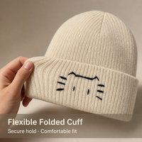 Bonnet en tricot côtelé crème avec visière et visage de chat brodé, mignon bonnet d'hiver pour femmes et filles