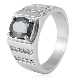 yunnique Stainless Steel <b>Ring</b> With <b>Black</b> Stone Prong Setting Geometric Design Unisex Fashion Jewelry Gift - Product Image 1