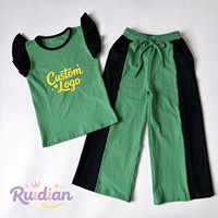 Ensemble de vêtements décontractés pour enfants personnalisé, haut à manches bouffantes en coton, pantalon large à blocs de couleur, tenue de jeu en plein air pour enfants