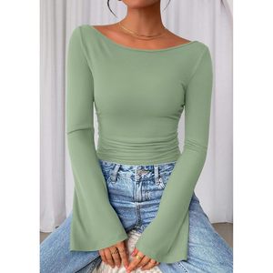 FOXA Women's Long Sleeve Crop Top Boat Neck <b>Bell</b> Sleeve Ribbed Ruched Casual Y2K Style Knit Pullover - Product Image 5