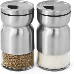 Salt and Pepper Shakers with Adjustable Pour Holes, Elegant Stainless Steel Salt and Pepper Dispenser with Glass Bottom