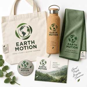 Kit Ecológico para Eventos Earth Motion con Logotipo Personalizado, Insignia Metálica, Botella de Corcho, Bolsa Reciclada, Toalla y Tarjeta de Papel - Product Image 1
