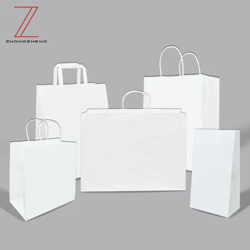 Bolsa de papel kraft de impresión flexo blanco, embalaje de regalo, bolsa de papel de compras con mango, se puede personalizar
