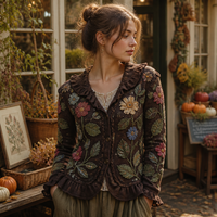 Cárdigan Oversize de Mujer Personalizado con Jacquard Floral 3D, Cuello Redondo con Volantes, Tejido Vintage para Invierno, OEM, Venta al por Mayor, Marca Privada, Pedido a Granel