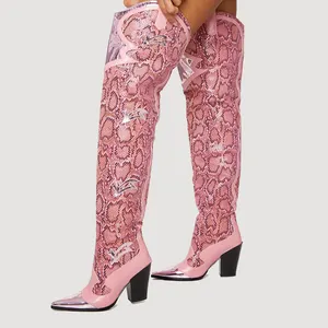 Trendy Design Roze Laarzen Vrouwen Slangenpatroon 2023 Korte Bontvoering Metalen Puntige Over De Knie Laarzen Dijhoge Dikke Hakken