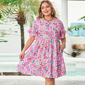 2025 estate <span class=keywords><strong>4</strong></span> <span class=keywords><strong>XL</strong></span> 2XL 3XL Boho donna grassa donna Casual rosa Plus Size floreale mezza manica corta a sbuffo - Product Image 3