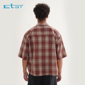 Manufacturer Custom Flannel Shirts 100% Cotton <b>Short</b> <b>Sleeve</b> Cropped Boxy Plaid <b>Button</b> <b>up</b> Shirt for Men - Product Image 4