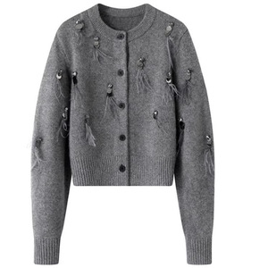 Women's Knit <b>Cardigan</b> <b>Sweater</b> With Feather Tassel Embroidery Loose Fit Single Breasted Full Sleeve Medium Thickness Anti-Pilling - Product Image 2