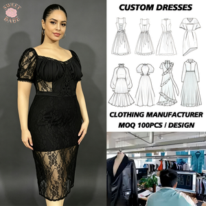 Robe midi noire en dentelle pour femme, manches bouffantes, col cœur, robe moulante, robe de soirée pour cocktail - Product Image 1