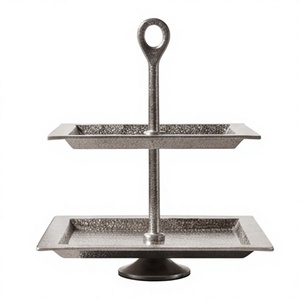 Wholesale Elegant Silver Finish <b>Two</b> <b>Tier</b> Square Serving Tray Pedestal <b>Cake</b> <b>Stand</b> Hammered Dessert Fruit Display <b>Stand</b> - Product Image 1