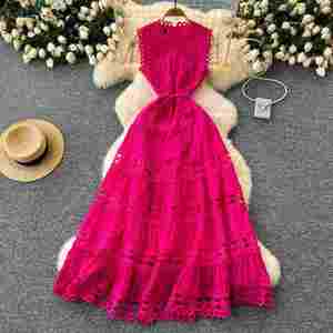 Vestido Maxi Casual de Verano con Cuello Redondo para Mujer, Sin Mangas, Estilo Imperio, Tejido, Línea A, Bordado, Encaje Hueco, Transpirable y Ecológico - Product Image 5