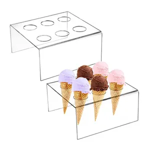 Özel ücretsiz ayakta şeffaf akrilik 6 dondurma konileri ekran standı akrilik dondurma dükkanı için gevrek tüp koni tutucu