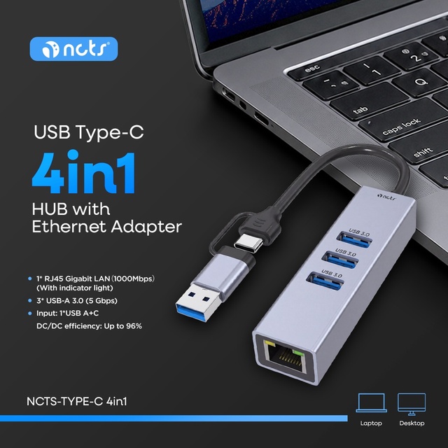 Type-C 4-in-1 USB Hub with RJ45 Gigabit Ethernet Adapter USB 3.0 Multiport Splitter Dongle for MacBook Pro Air Laptop