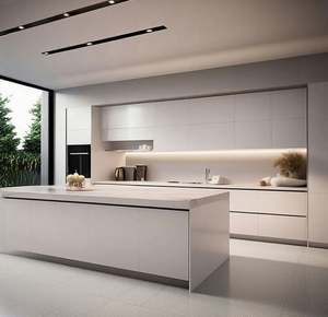 Meubles de cuisine modulaires personnalisés, modernes, minimalistes, pour cuisine ouverte, avec rangement en verre aux tons neutres et plan de travail en pierre de quartz, prêts à assembler - Product Image 4