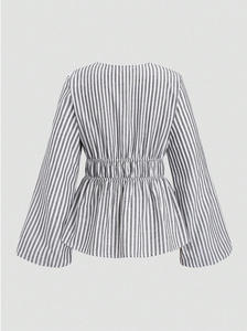 Chemise élégante pour femme TP5, haut à col en V profond, manches bouffantes, rayée, à nouer devant, en popeline tissée, style vintage pour le bureau/le quotidien, été - Product Image 6