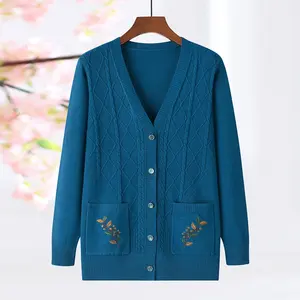 Hot Sales V-neck cable and embroidery technique women knitwear cardigan of Mama's for Women's embroidery sweater