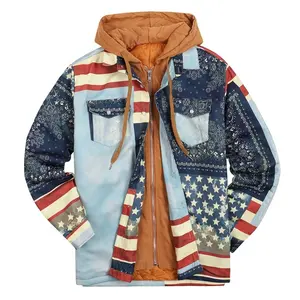 OEM 도매 대형 가을 겨울 무늬 자켓 긴팔 후드 가짜 투피스 퀼트 코튼 코트 자켓