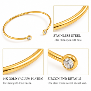 Bracelet ouvert en zircon, acier inoxydable avec placage sous vide or 14 carats, jonc fin doré avec deux extrémités rondes - Product Image 3