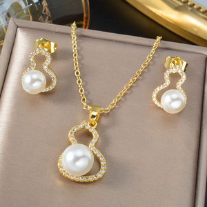 Fashion Wholesale Premium 18k Gold Plated <b>Pearl</b> Zircon Earrings and Pendant Necklace Jewelry <b>Set</b> Women - Product Image 5