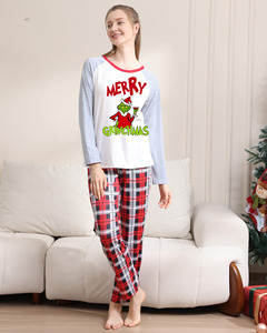 Cartoon Grinch Christmas Loungewear Sleep Suit pour les femmes Wholesale Summer Collection-White Printed Top Red Plaid Pants Pajamas - Product Image 2