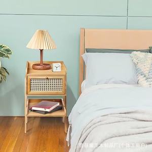 Mesita de noche de bambú y ratán, mesa estrecha, estante de almacenamiento, mesita de noche con cajón de tela para dormitorio, mesita de noche para dormitorio en casa - Product Image 2