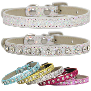 Super brillante diamante Rhinestone gato <span class=keywords><strong>Collar</strong></span> cachorro bebé perro gato <span class=keywords><strong>Collar</strong></span> correa de cuero gatito accesorios ajustable cachorro <span class=keywords><strong>Collar</strong></span> - Product Image 1